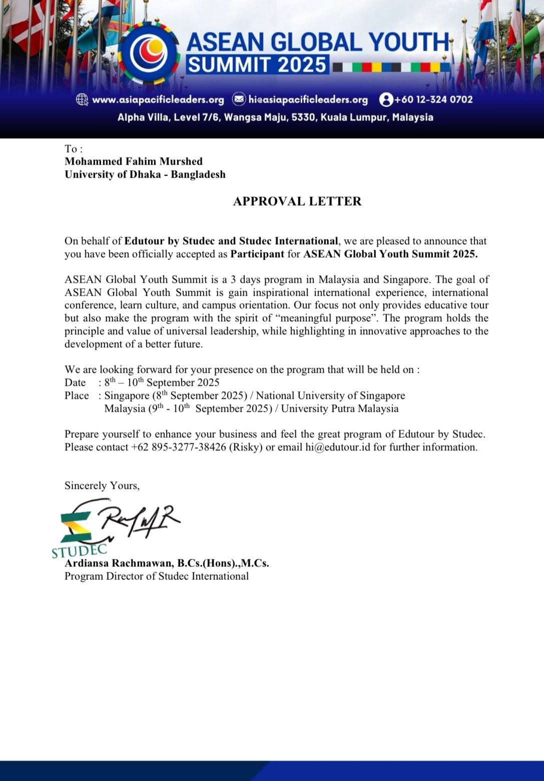 Approval letter for the ASEAN Global Youth Summit 2025