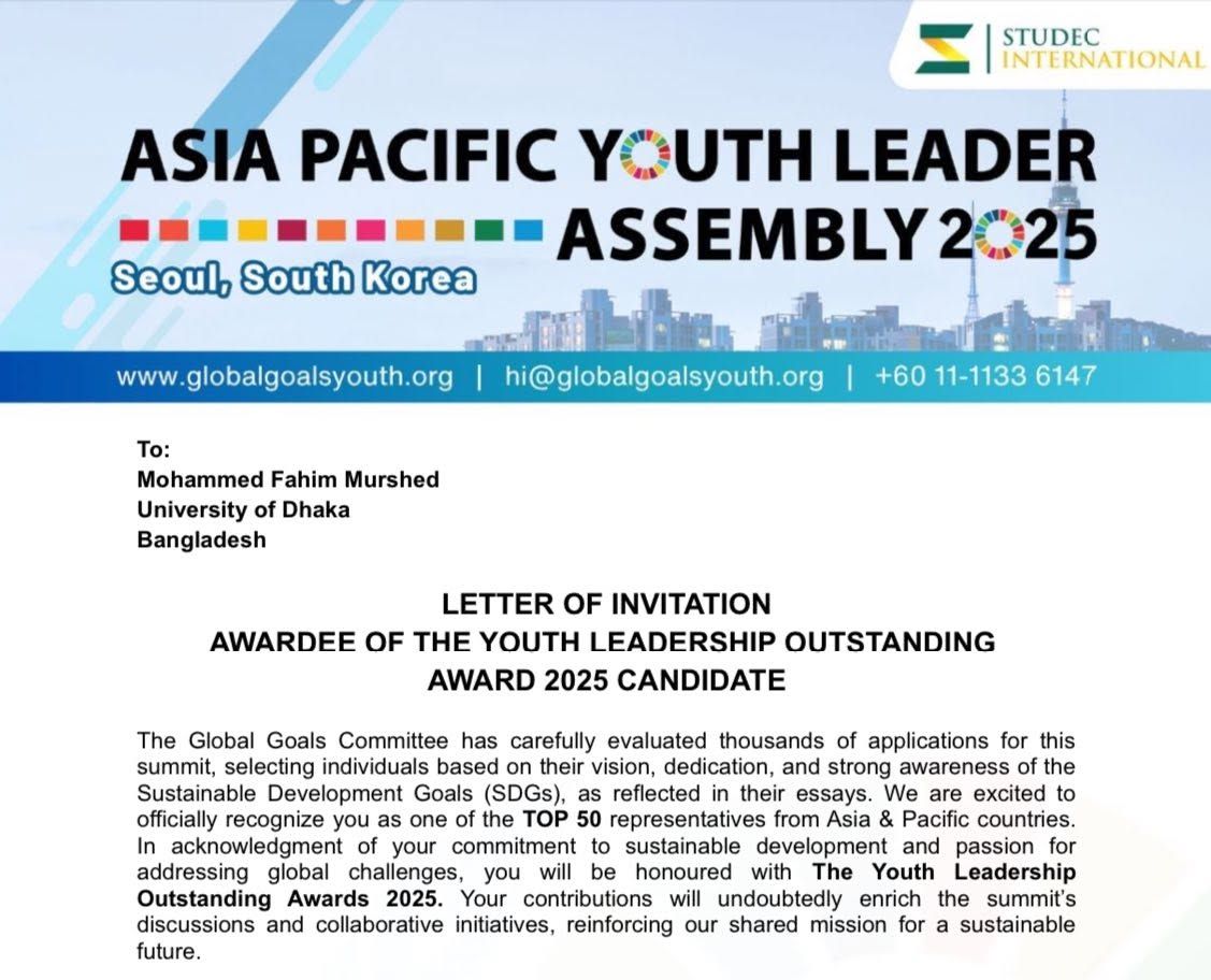 Letter of invitation to Mohammed Fahim Murshed, Asia Pacific Youth Leader Assembly 2025