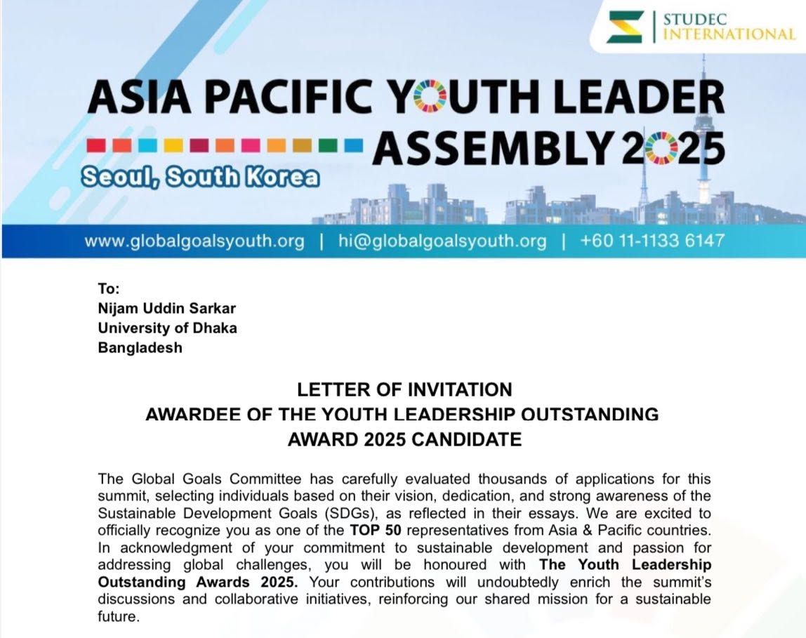 Letter of invitation to Nijam Uddin Sarkar, Asia Pacific Youth Leader Assembly 2025