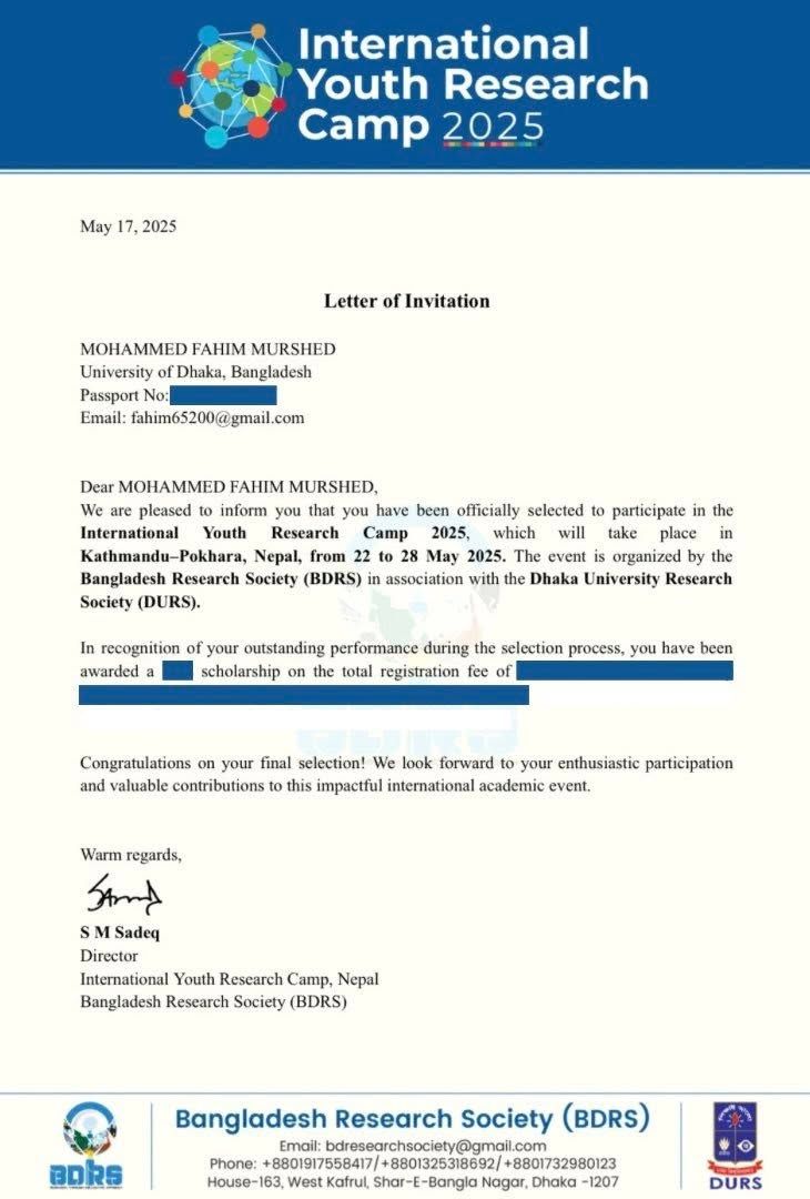 Letter of invitation to the International Youth Research Camp 2025
