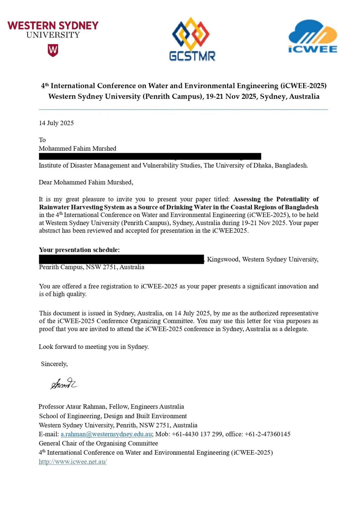 Invitation letter from the iCWEE-2025 organizing committee