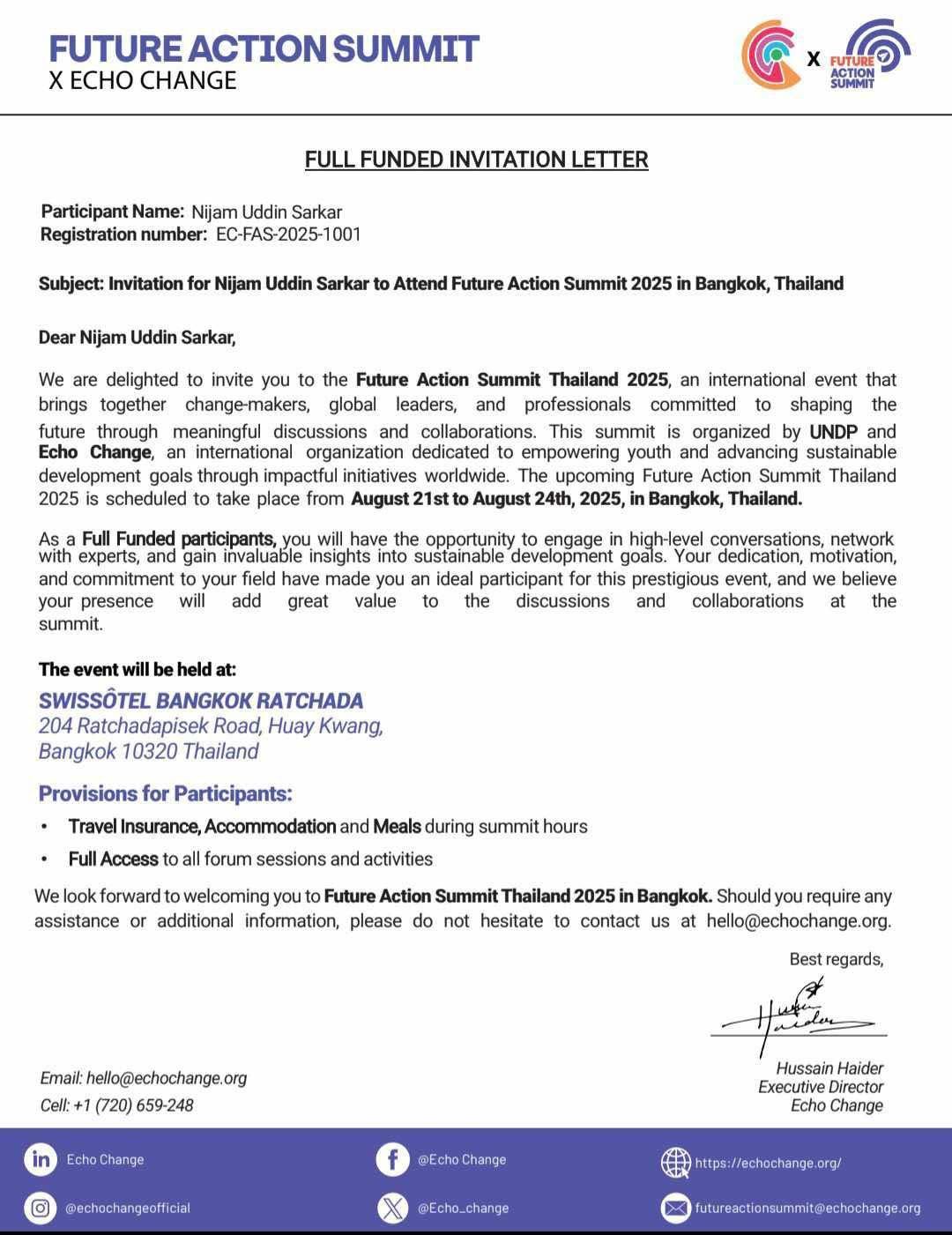 Fully funded invitation letter for the Future Action Summit 2025 in Bangkok